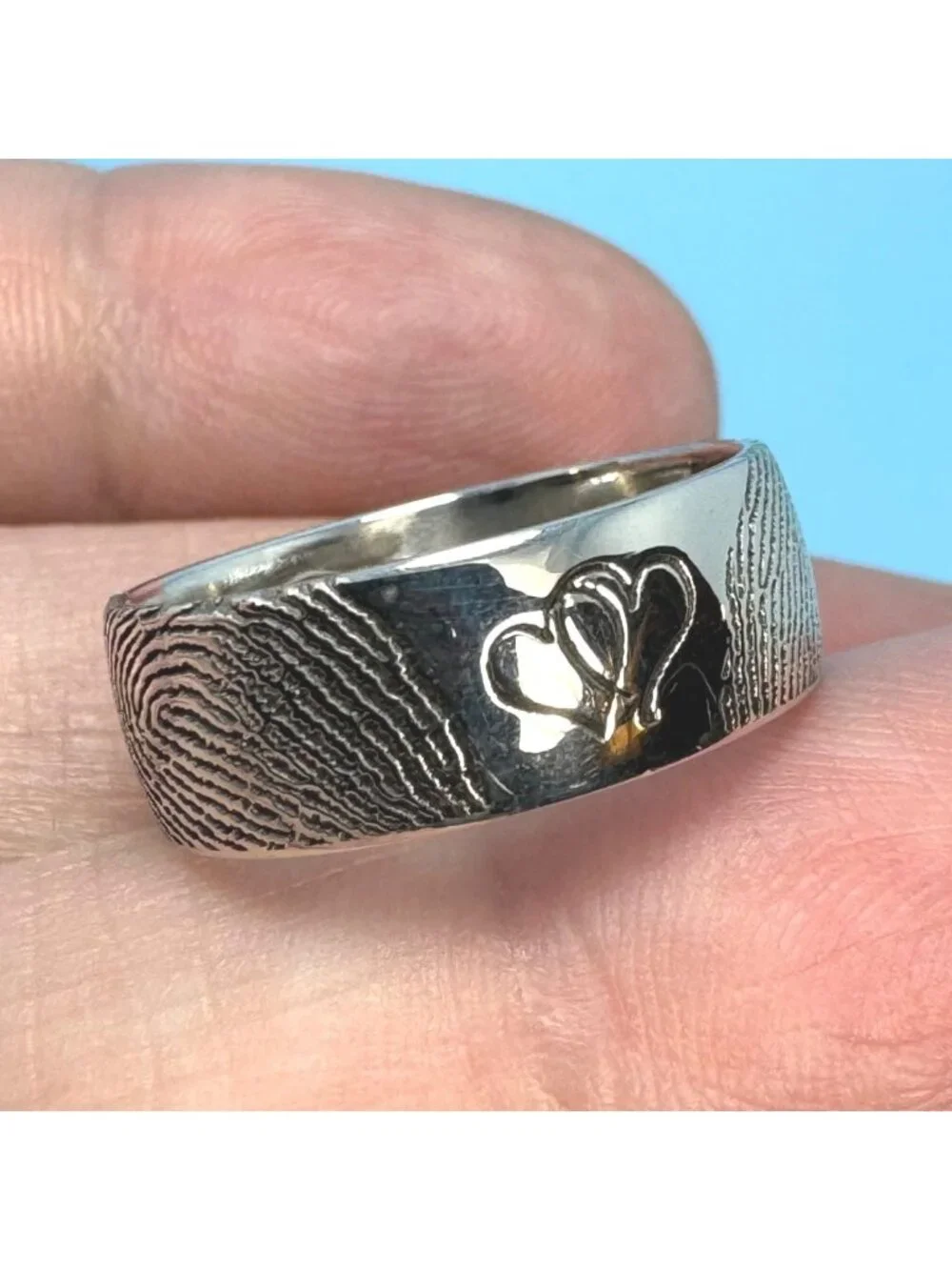 Fingerprint Design Sterling Silver 925 Heart Band 6mm Wide Ring Size 6